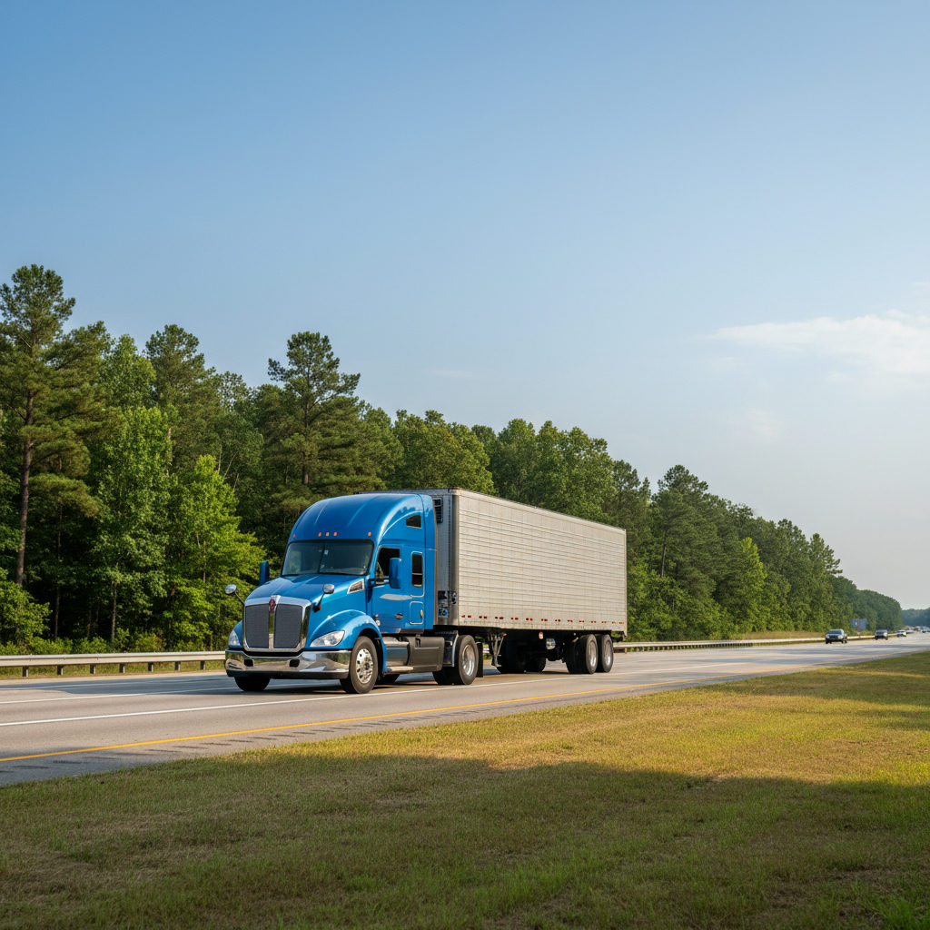 Semi-truck driving on a highway in Georgia with trees in the background