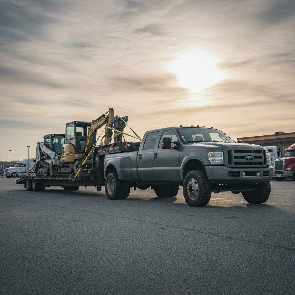 Hot shot truck with gooseneck trailer carrying construction equipment