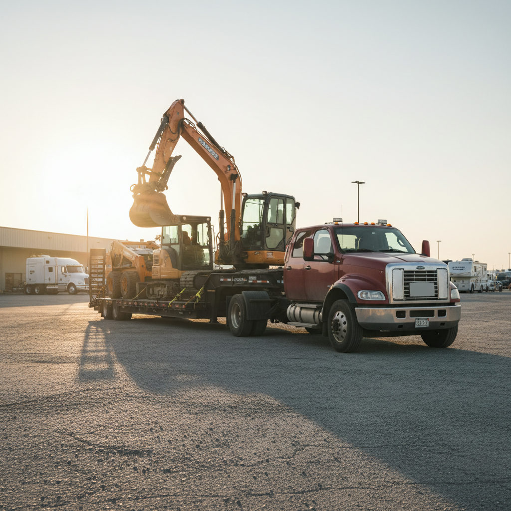 Pickup truck with gooseneck trailer hauling equipment at a truck stop during golden hour