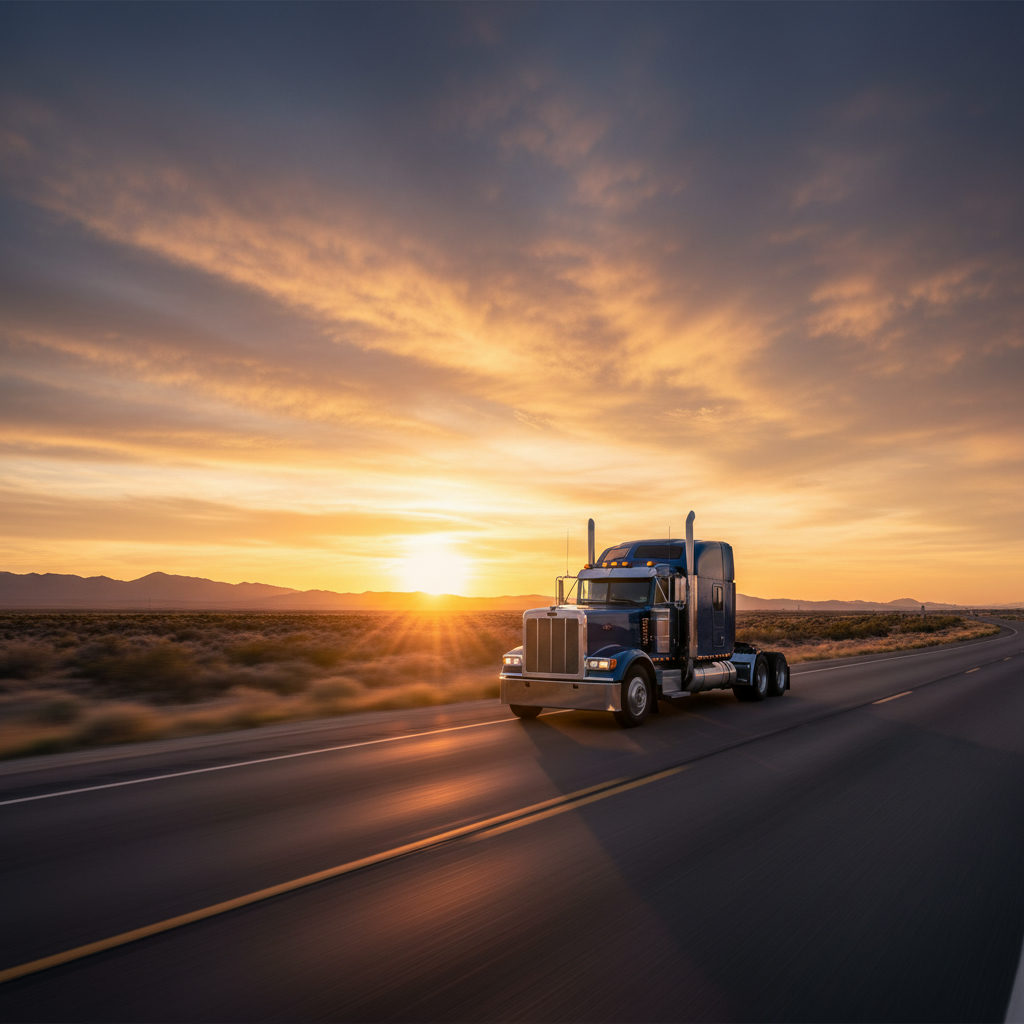 Semi tractor without a trailer driving on a highway at sunset