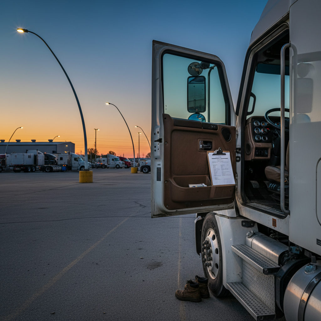 Semi truck parked at dusk with insurance paperwork on the front seat