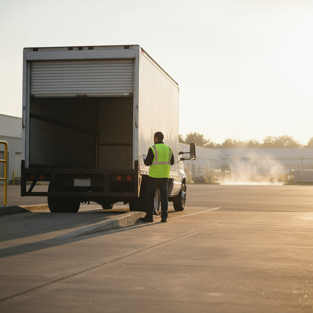 Box truck parked at a loading dock with driver checking cargo in early morning light