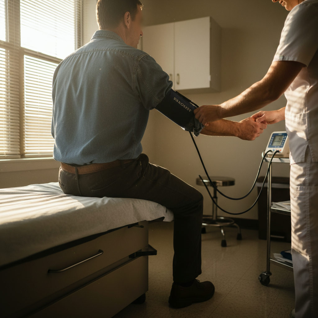 Truck driver having blood pressure checked during a DOT physical exam in a clinic