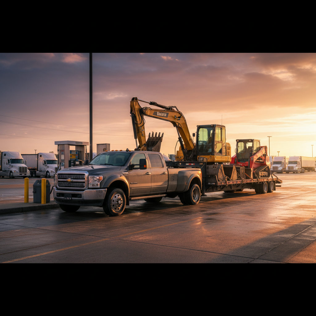 Pickup truck with gooseneck trailer at a truck stop during golden hour