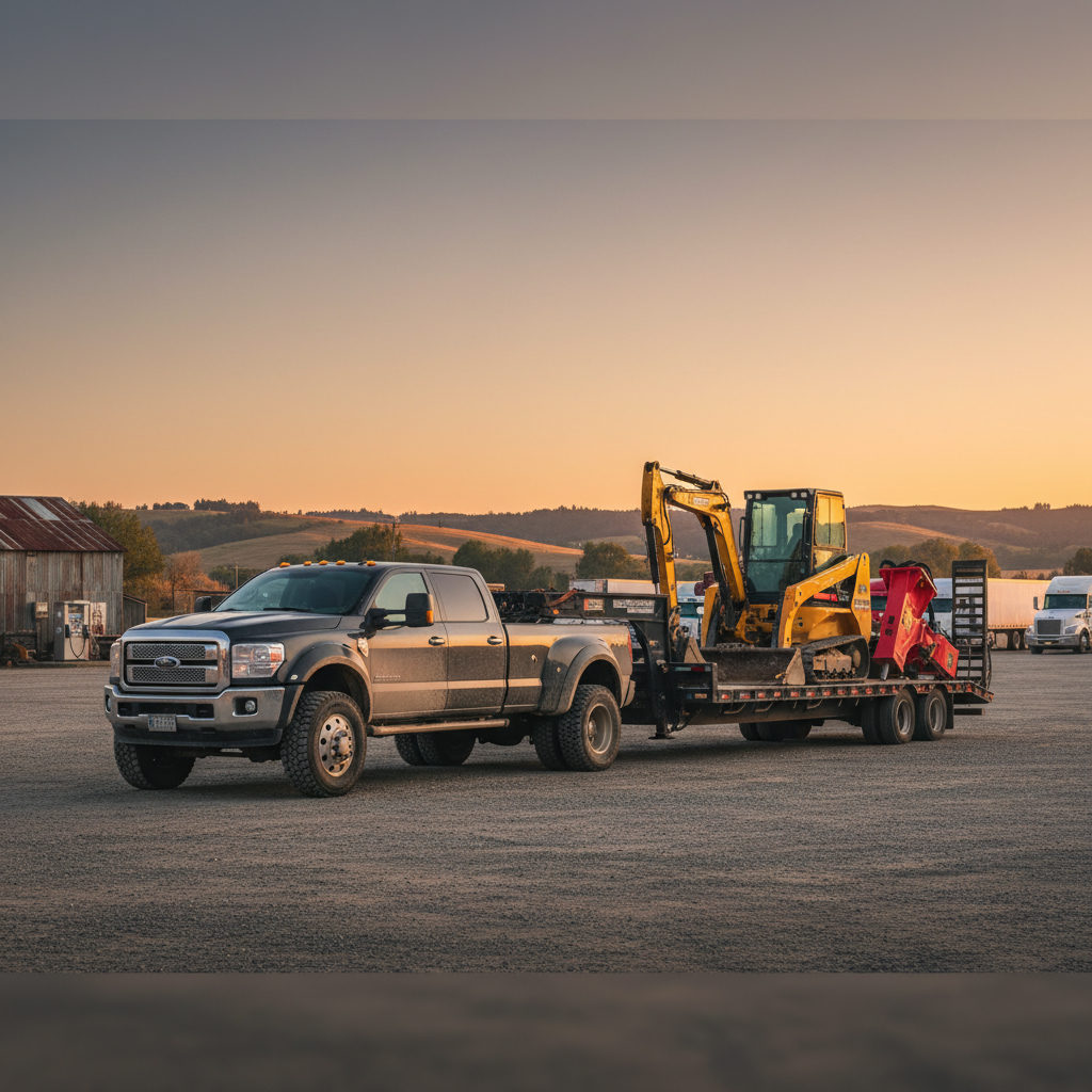 Pickup truck with gooseneck flatbed trailer at a truck stop during golden hour