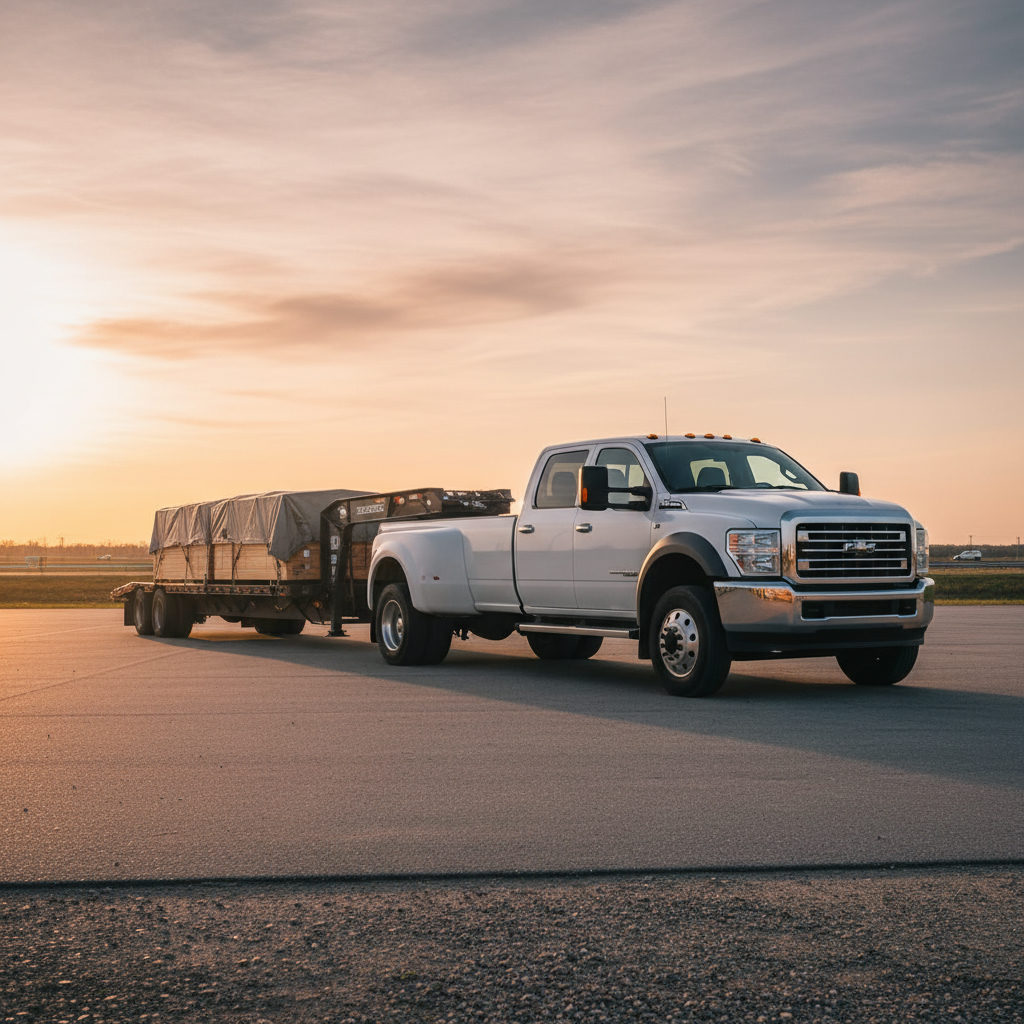 Hotshot pickup truck and gooseneck trailer parked at a truck stop at sunset