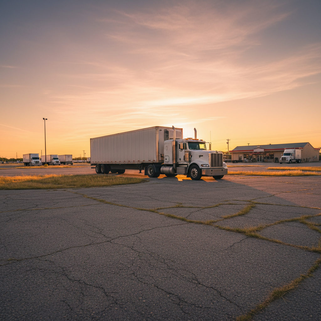 Semi truck parked at a Texas truck stop during golden hour sunset