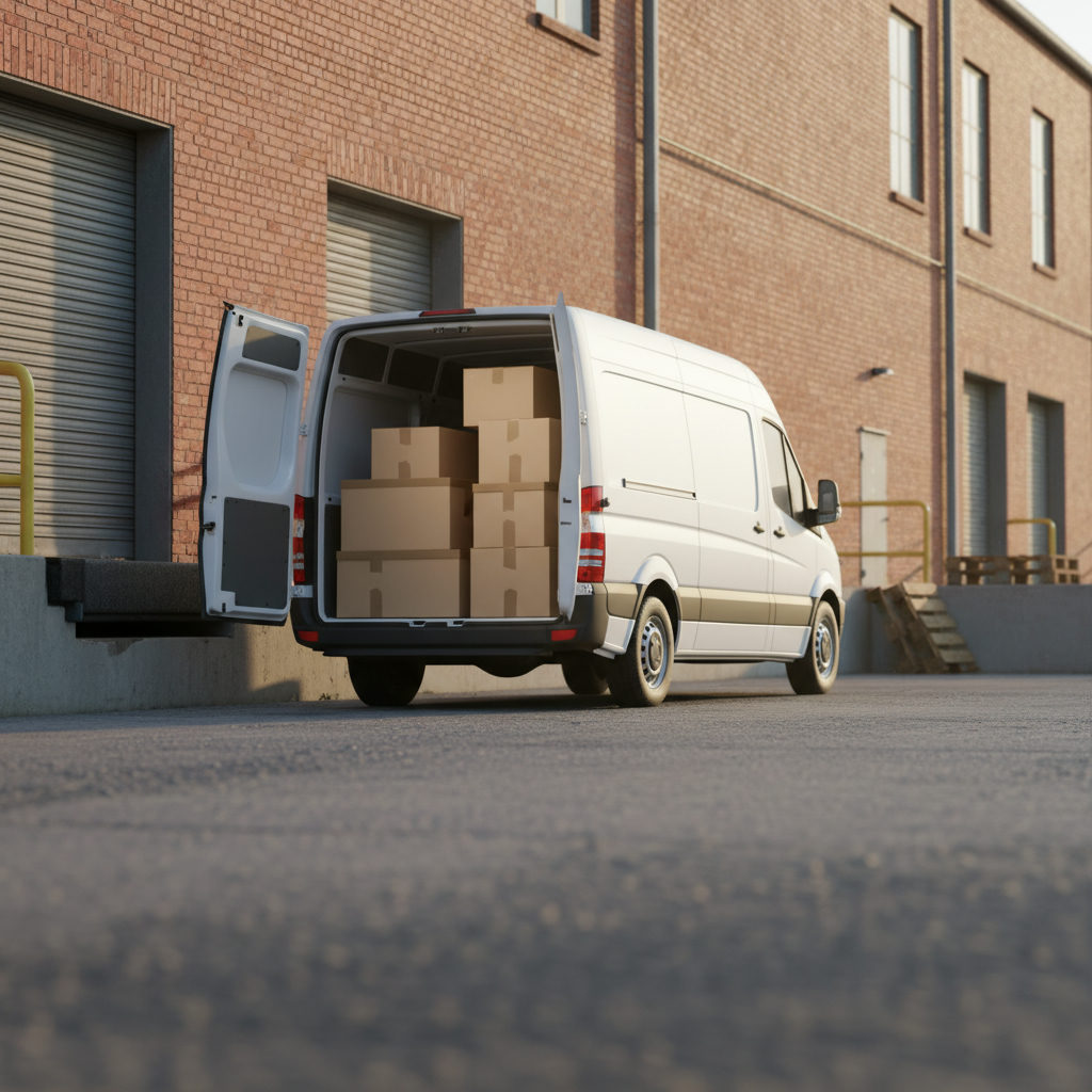 Cargo van parked at a loading dock with open doors showing delivery boxes