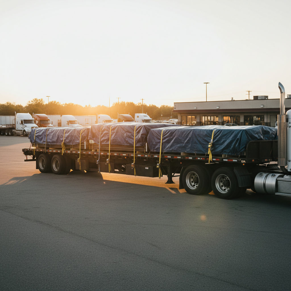 Flatbed semi truck loaded with secured steel pipe at a truck stop during golden hour