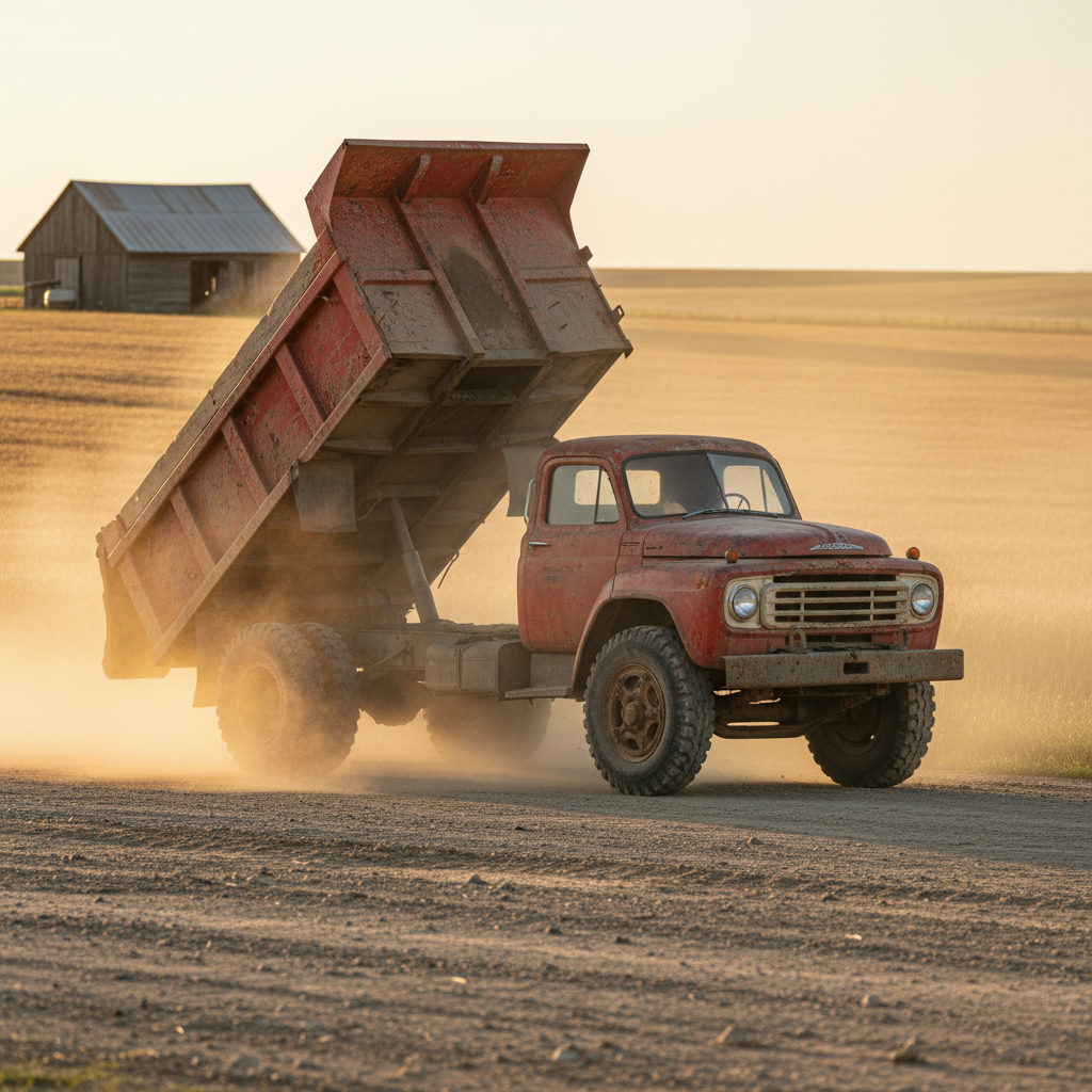 Farm dump truck parked on a dirt road at golden hour with fields in the background