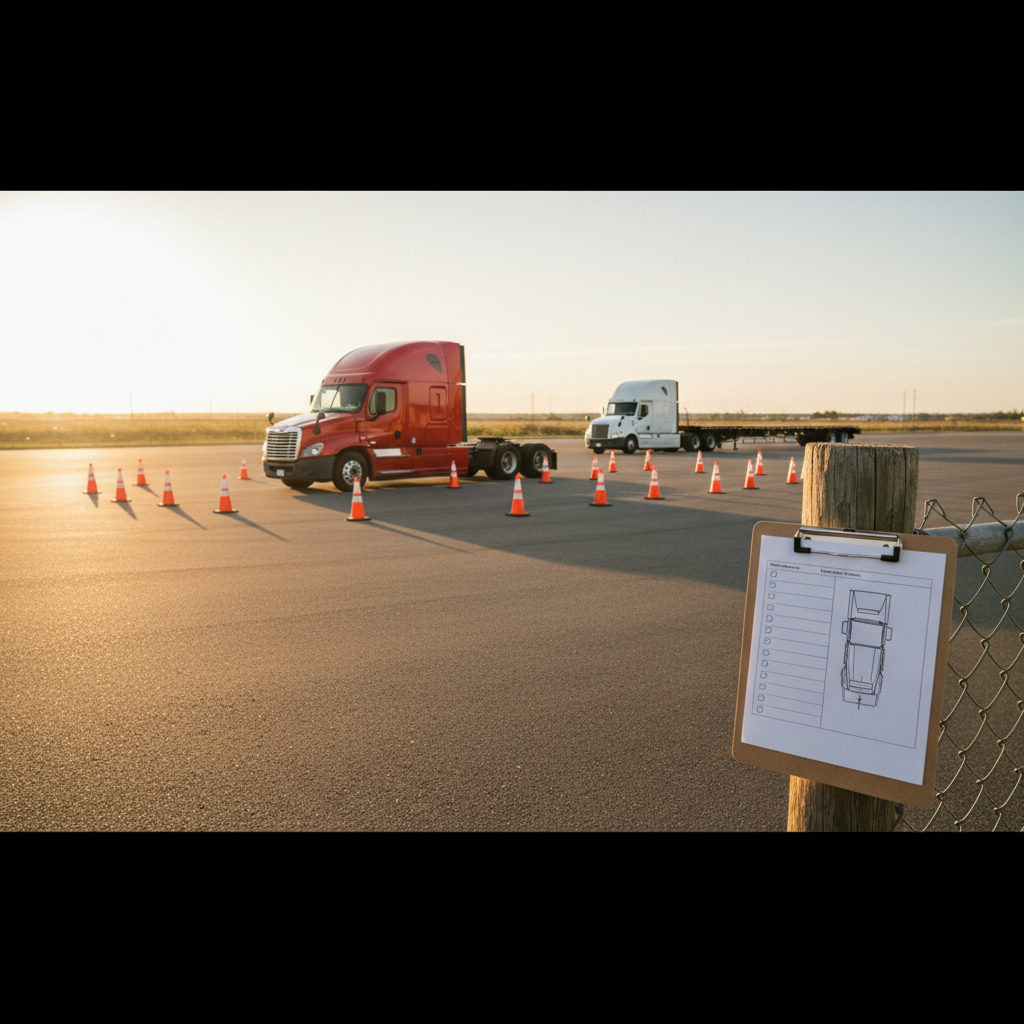 Semi truck parked in a driving school lot set up for a CDL skills test at golden hour