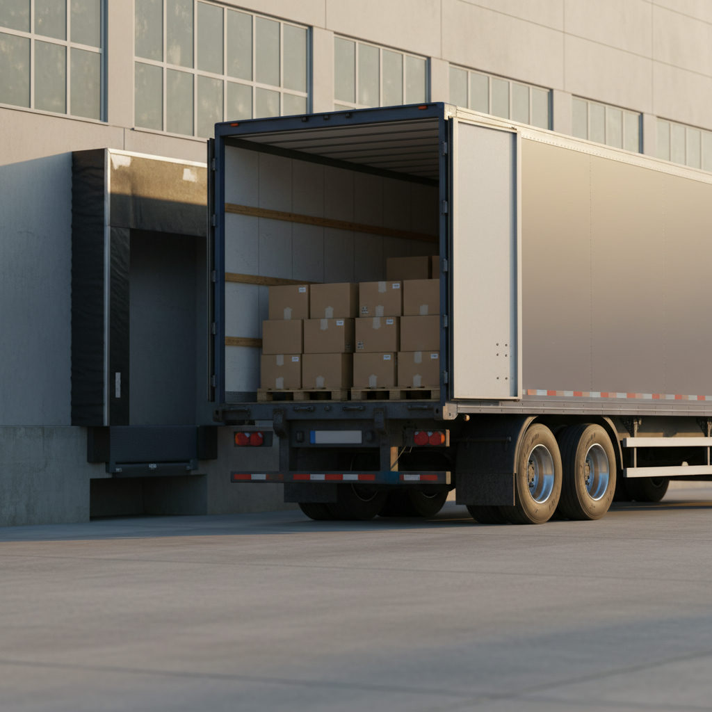 Semi truck trailer loaded with palletized freight at a dock during early morning light