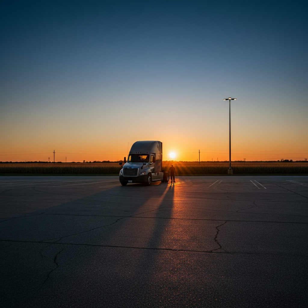 Semi truck parked at an Illinois truck stop at dusk, representing an owner operator reviewing insurance options