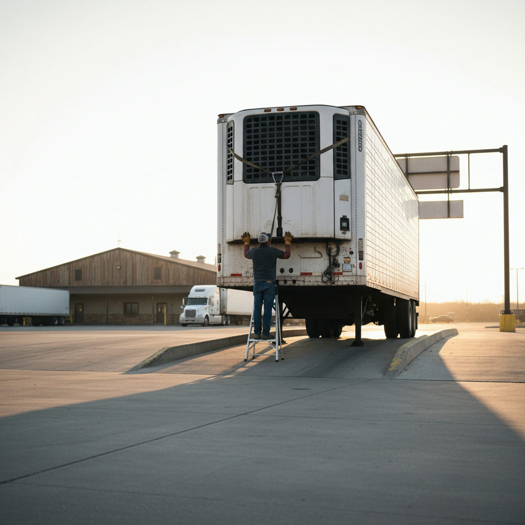 Driver checking straps on a reefer trailer at a loading dock in early morning light