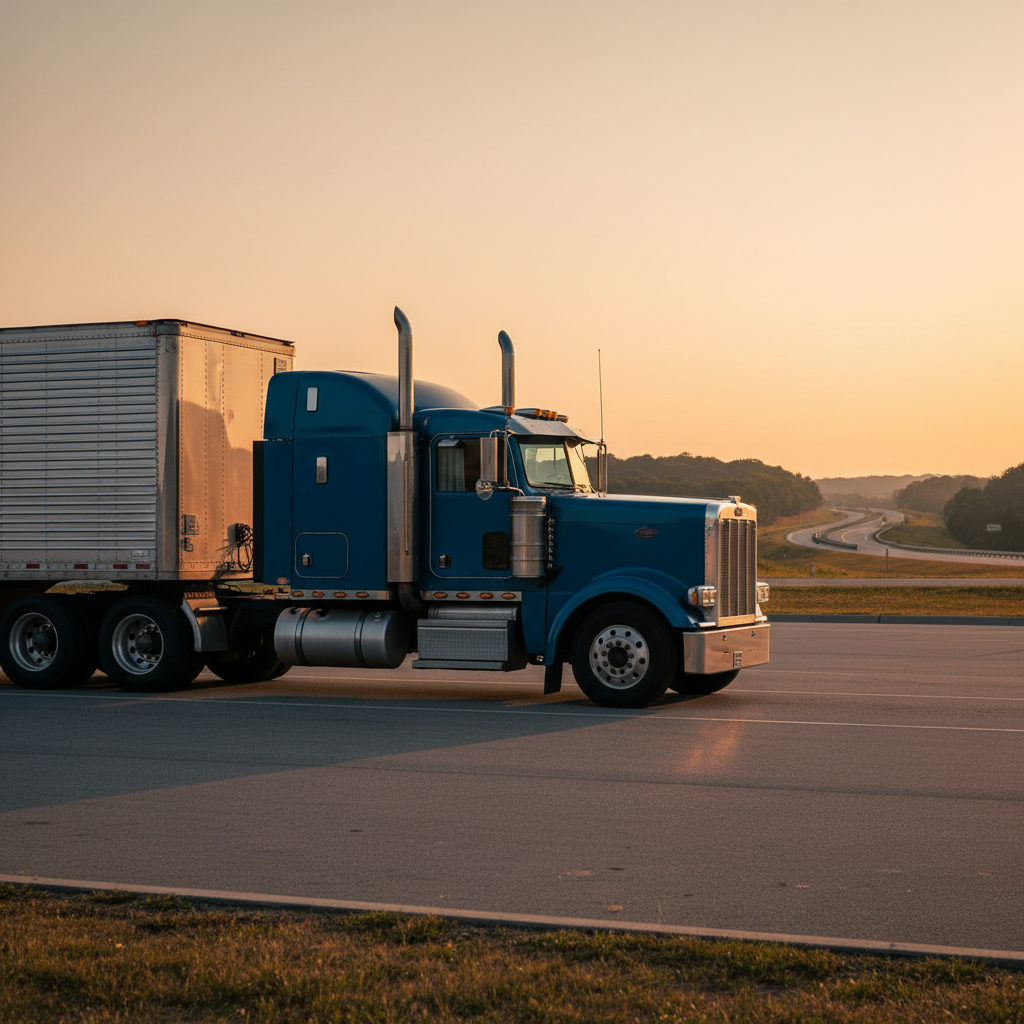 Semi truck parked at a rest stop during golden hour on an open highway