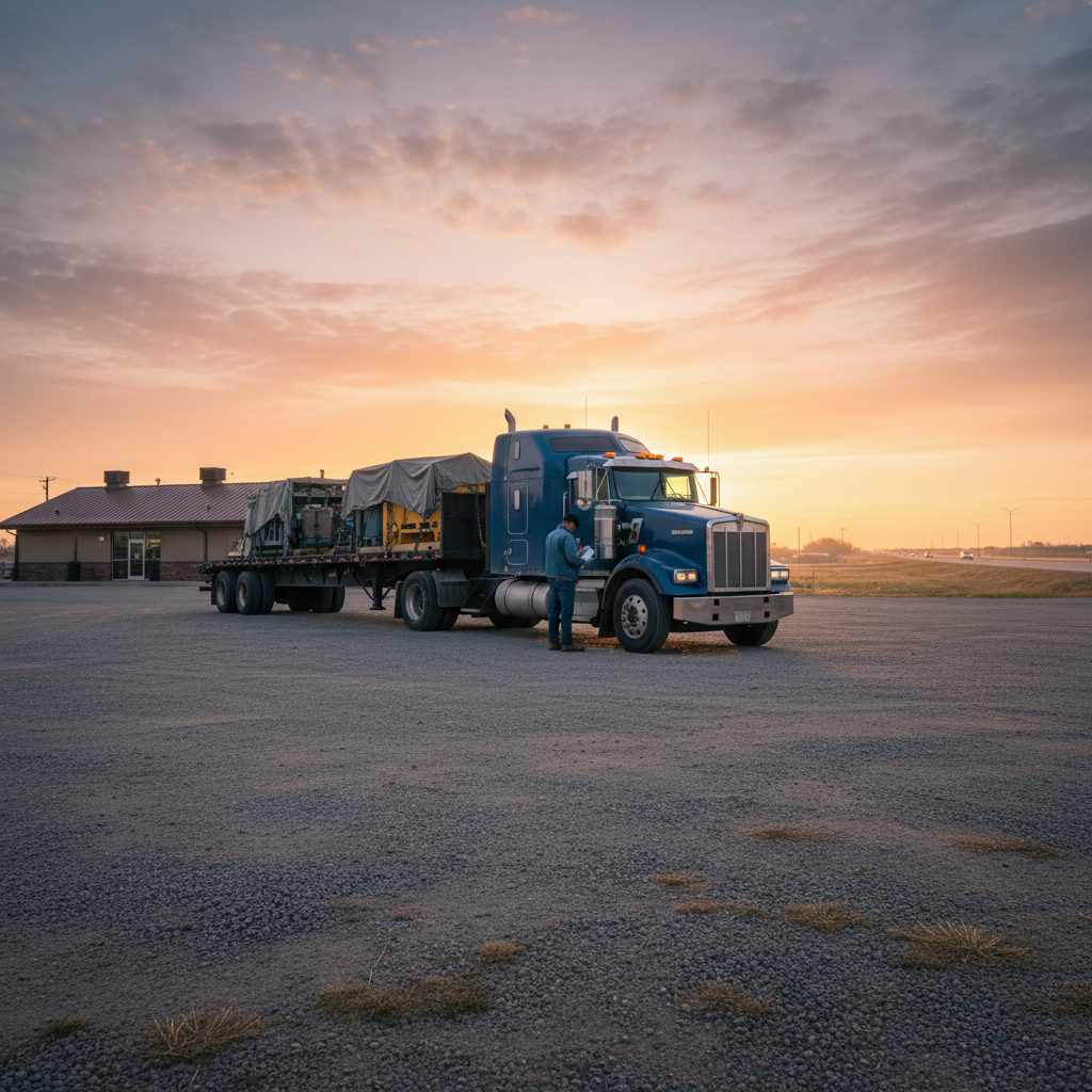 Semi truck parked at a Texas truck stop during early morning light