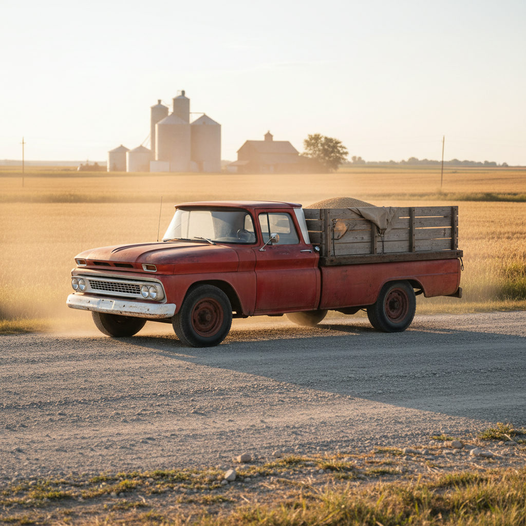 Farm truck parked on a gravel road near grain silos at sunset