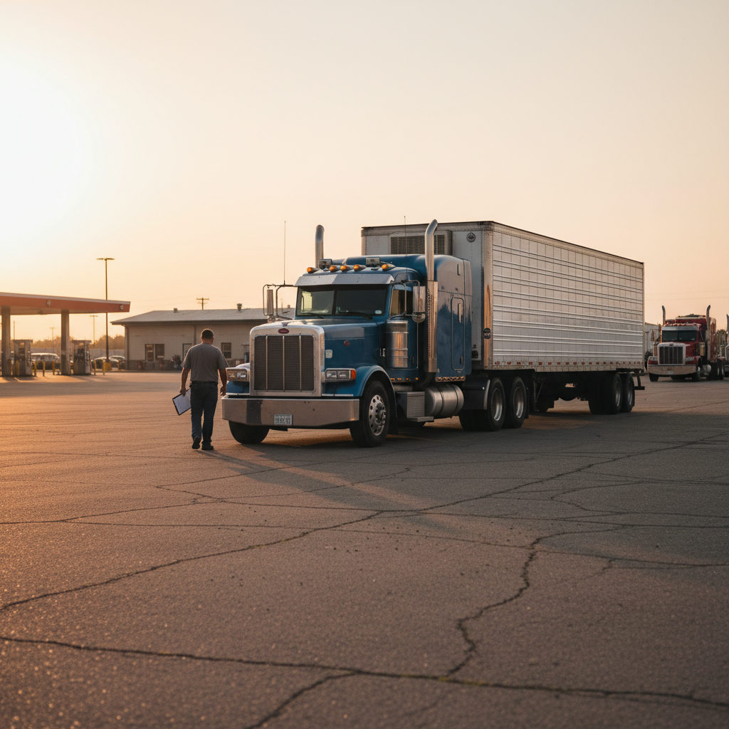 Semi truck parked at a truck stop during golden hour with driver approaching the cab