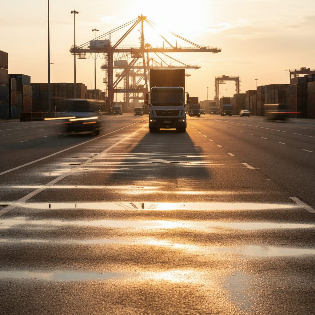 Semi truck hauling a container near a port terminal at sunset