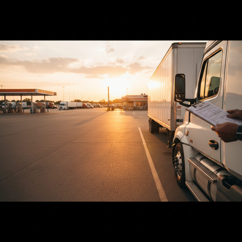 Semi truck with dry van trailer parked at a truck stop during golden hour
