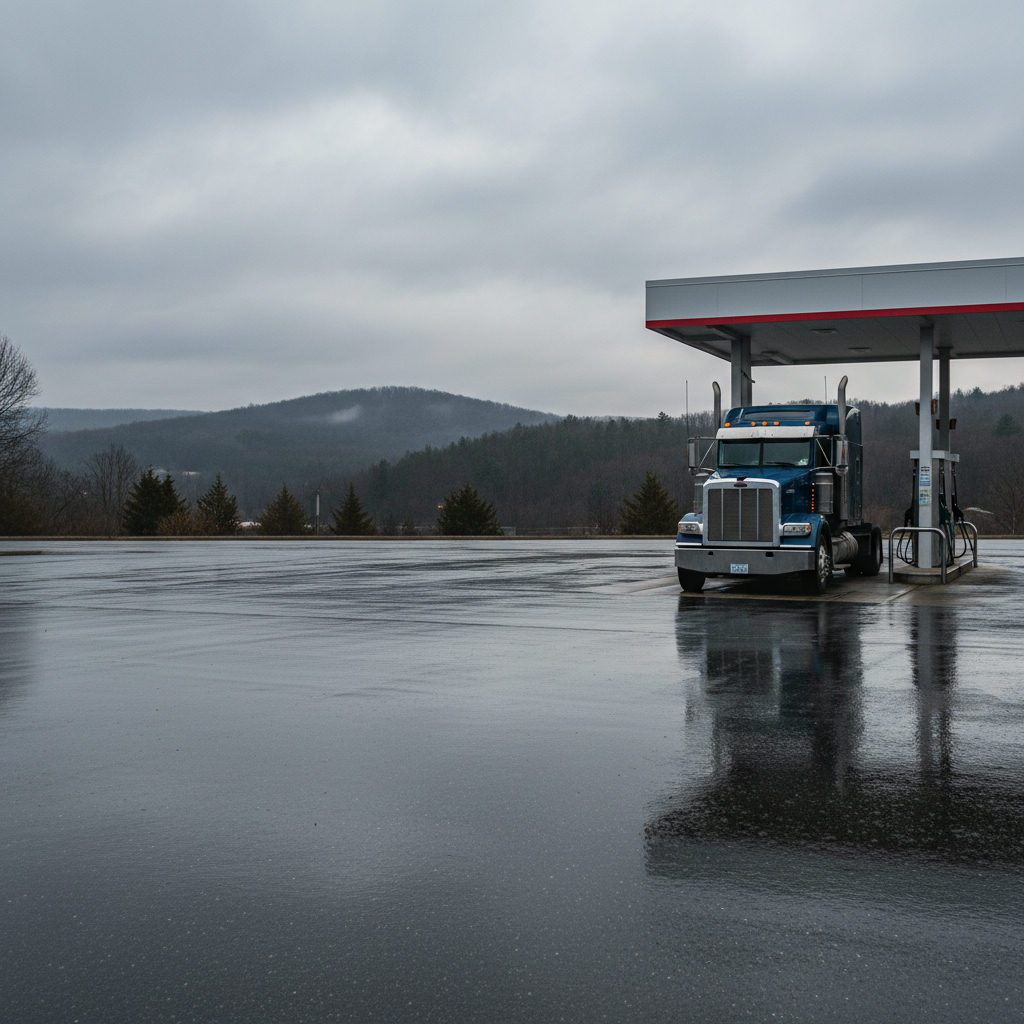 Semi truck parked at a fuel island in a hilly Pennsylvania landscape under overcast sky