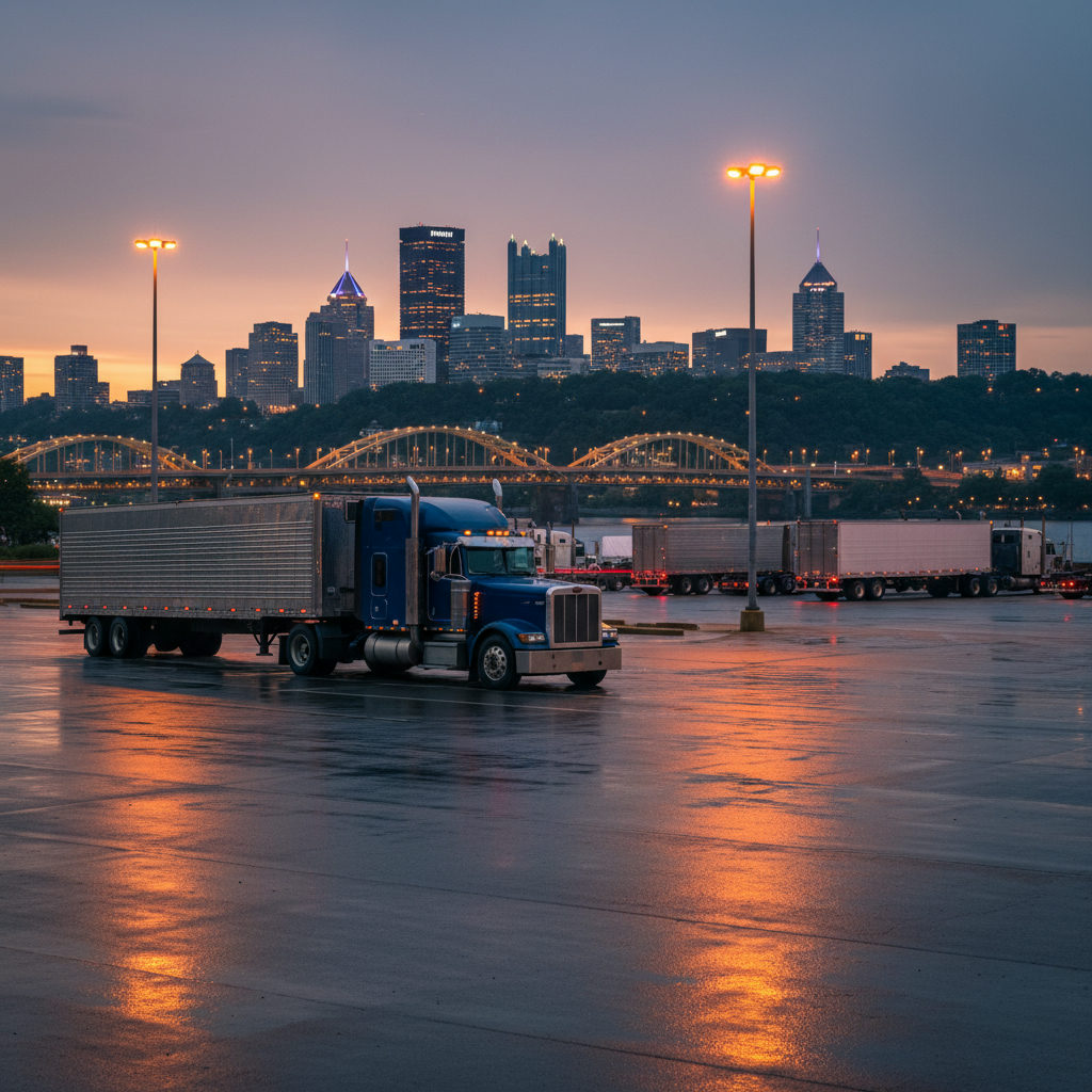 Semi truck at a Pittsburgh area truck stop with city bridges in the background at dusk