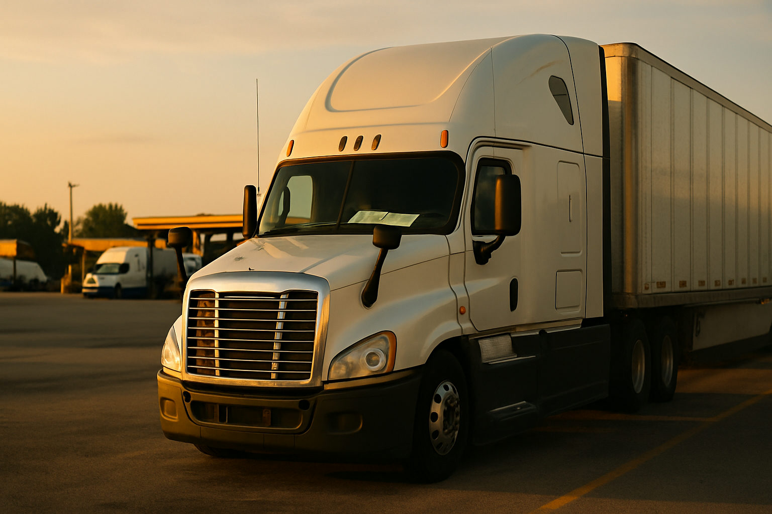 Semi truck parked at a truck stop with paperwork visible on the dashboard at golden hour