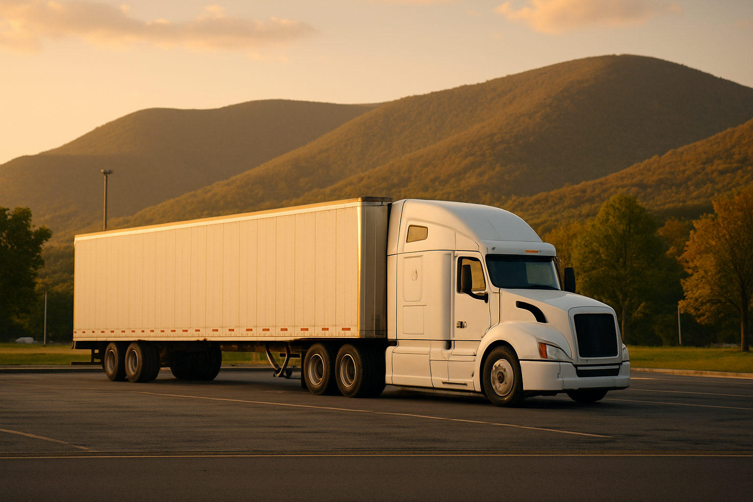 Semi truck parked at a Pennsylvania rest stop at sunset with mountain backdrop