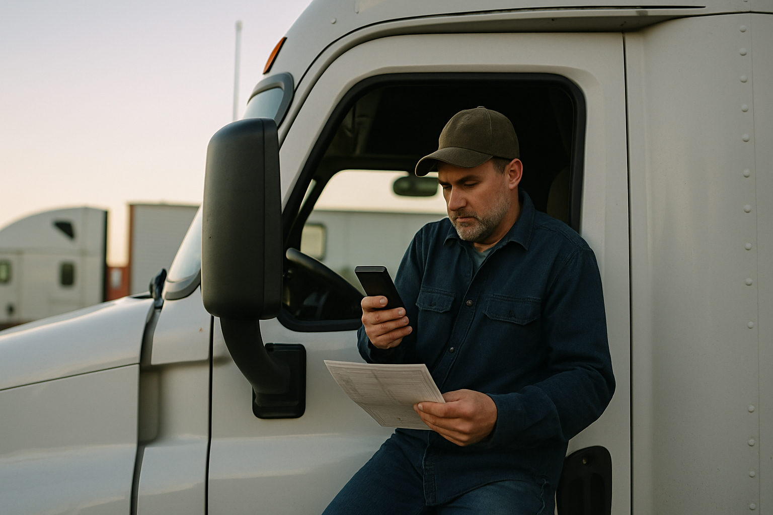 Owner-operator checking his FMCSA biennial update on a smartphone in the cab of his truck