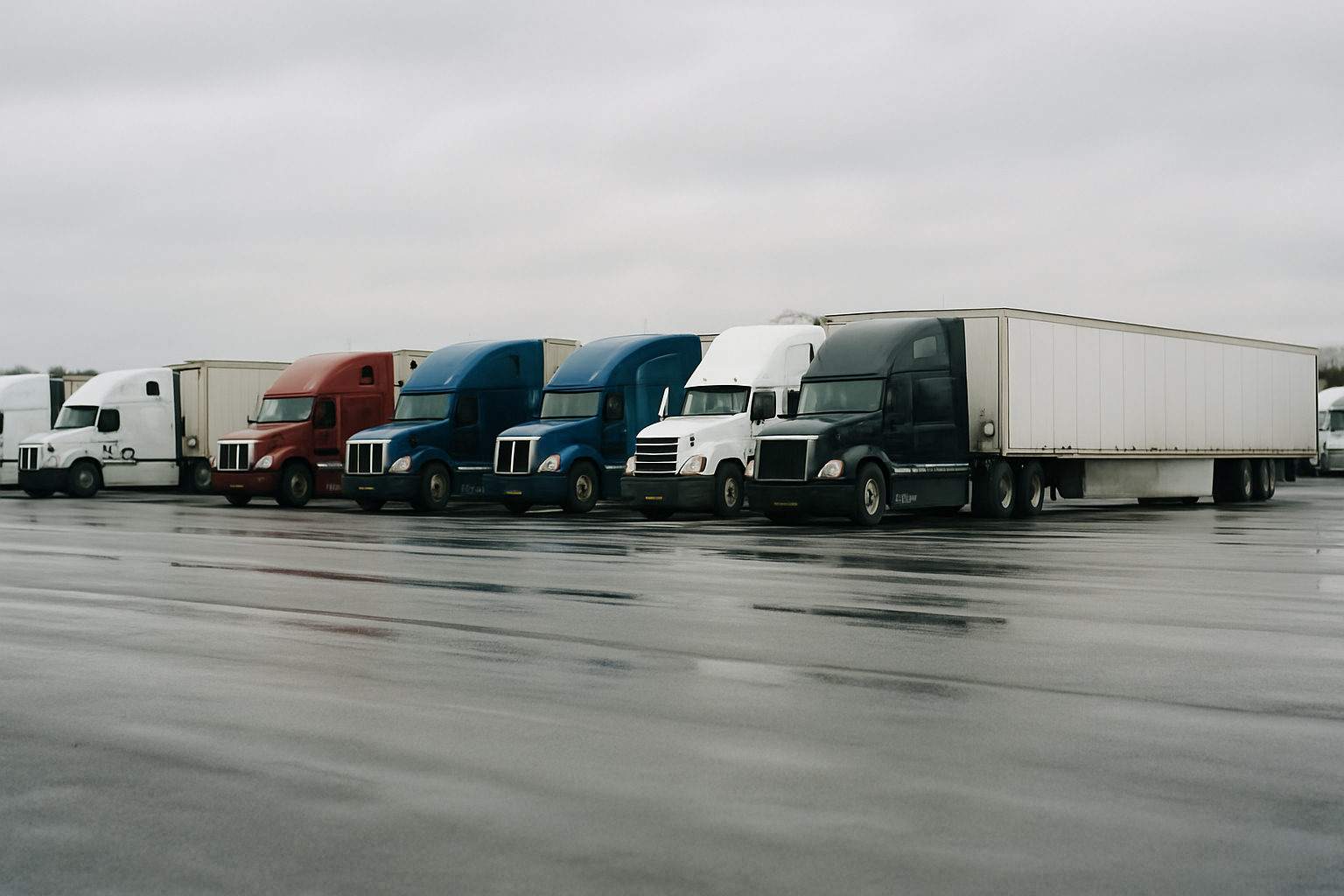 Line of parked semi trucks at a quiet truck stop while FMCSA holds off on USDOT deactivations