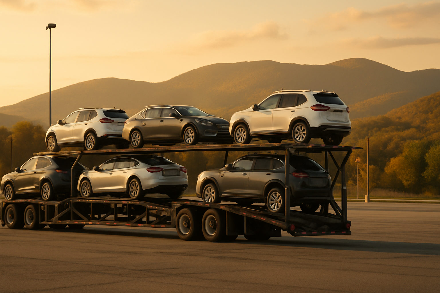 Multi-car auto hauler trailer loaded with vehicles at a Pennsylvania truck stop at sunset