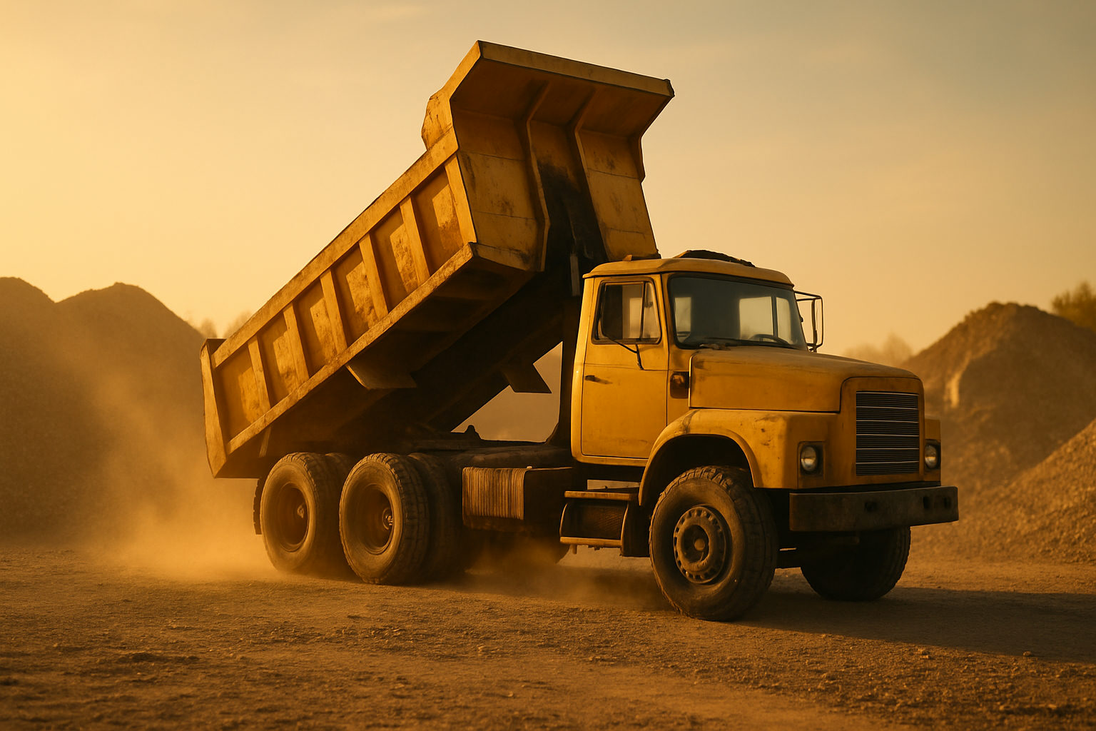 Tandem axle dump truck parked at a construction site during golden hour