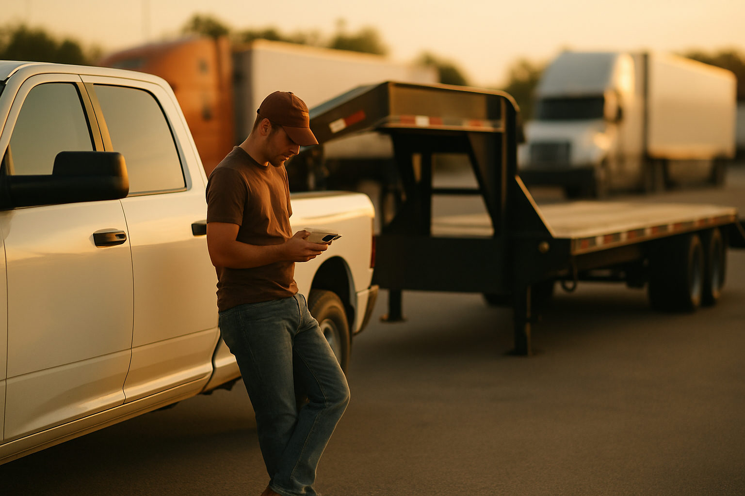 Hot shot truck and gooseneck trailer parked at a truck stop during golden hour