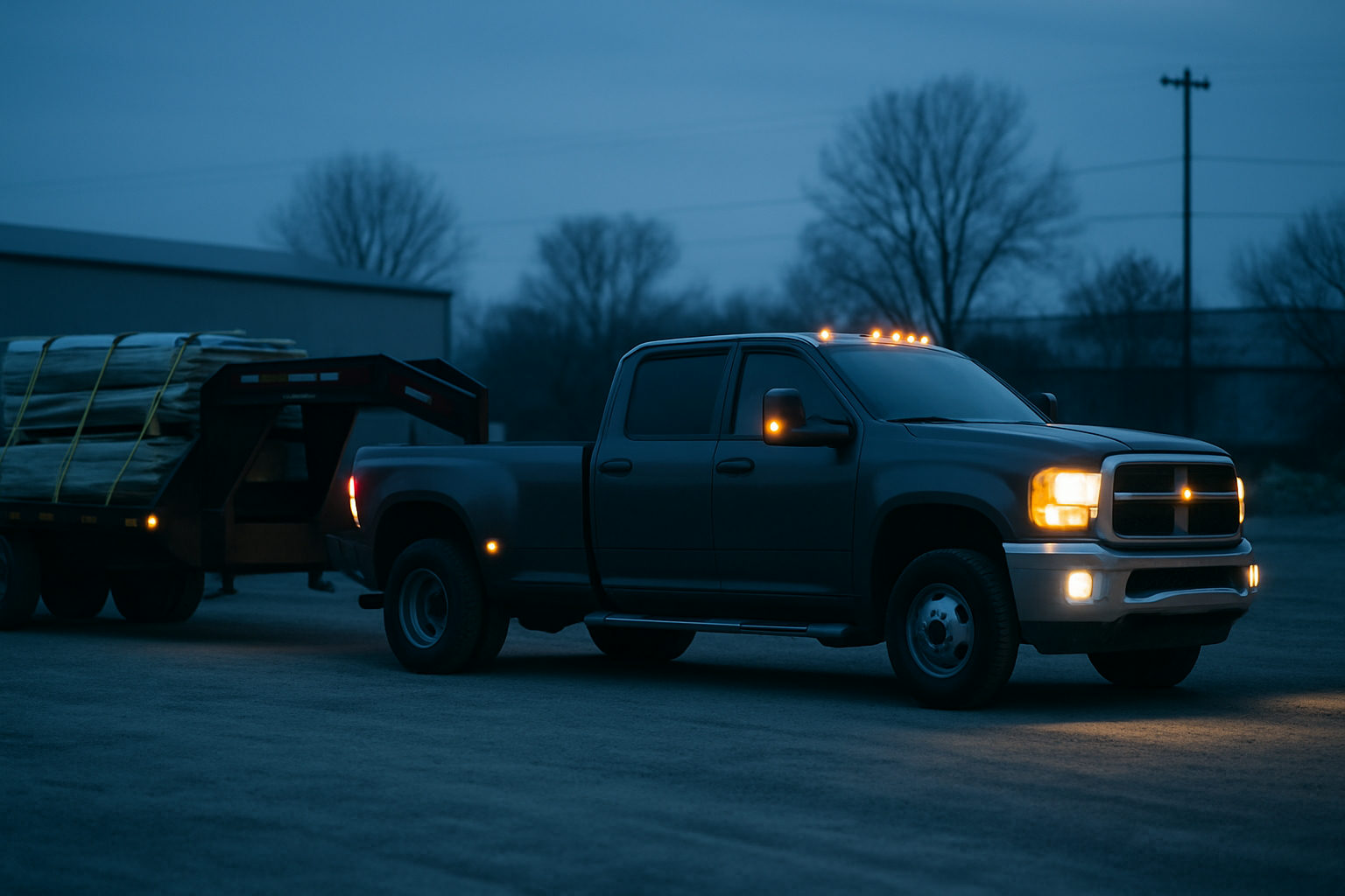 A one ton dually pickup truck hitched to a loaded gooseneck flatbed trailer at a gravel staging yard