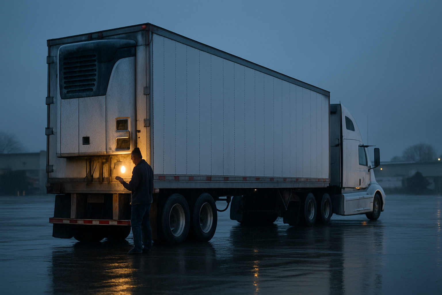 A refrigerated trailer with its reefer unit running, coupled to a day cab tractor at a produce distribution yard
