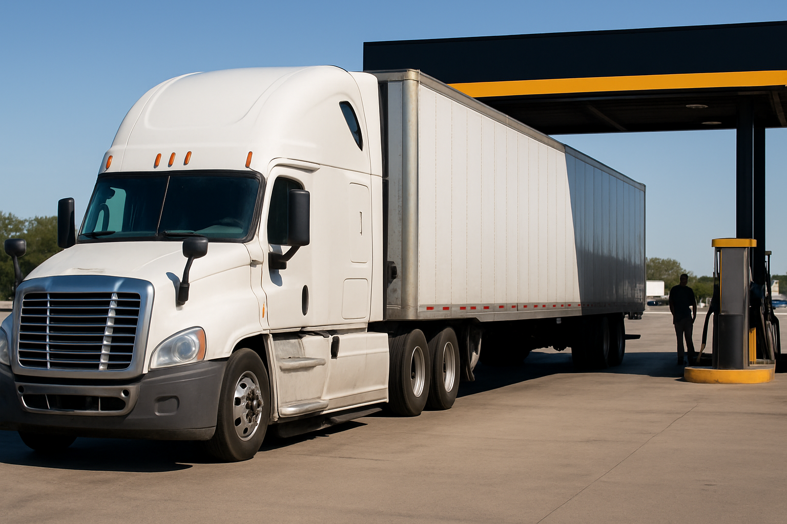 A conventional sleeper tractor coupled to a dry van trailer at a fuel island at a highway truck stop
