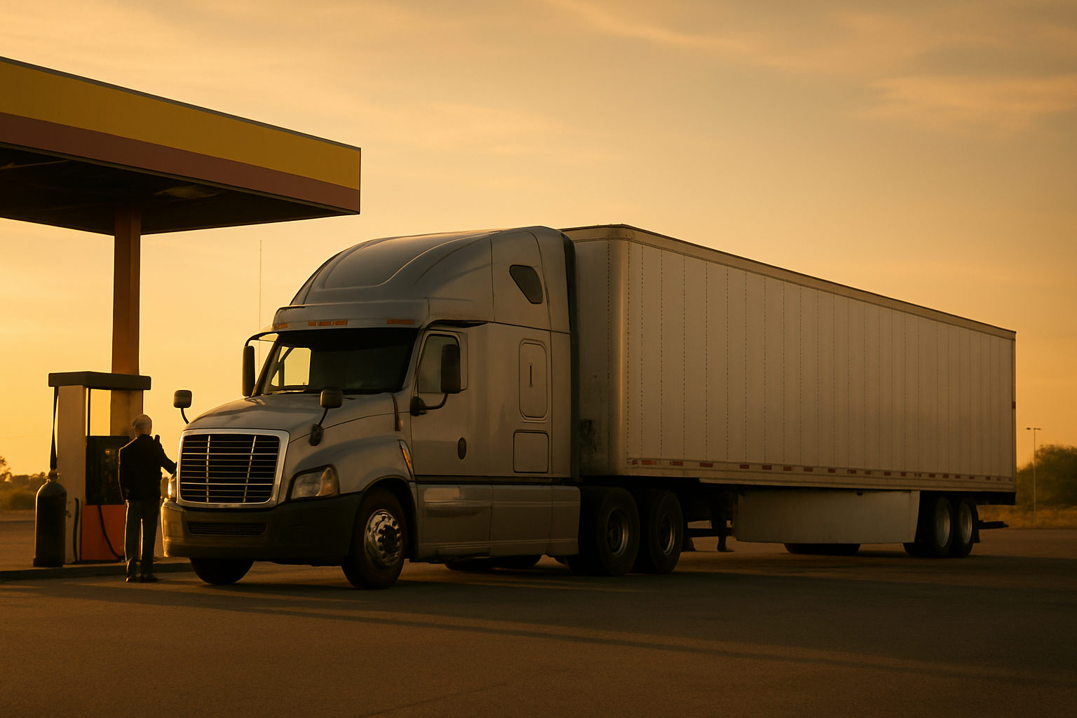 A conventional sleeper tractor coupled to a dry van trailer at a fuel island at a highway truck stop