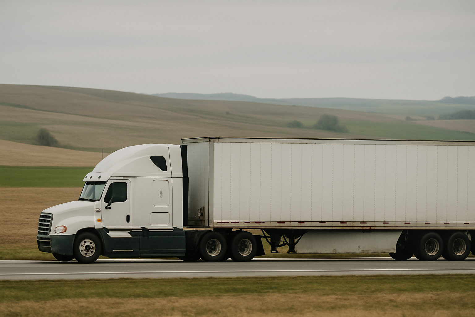 A conventional sleeper tractor coupled to a dry van trailer at an open interstate through rolling farmland