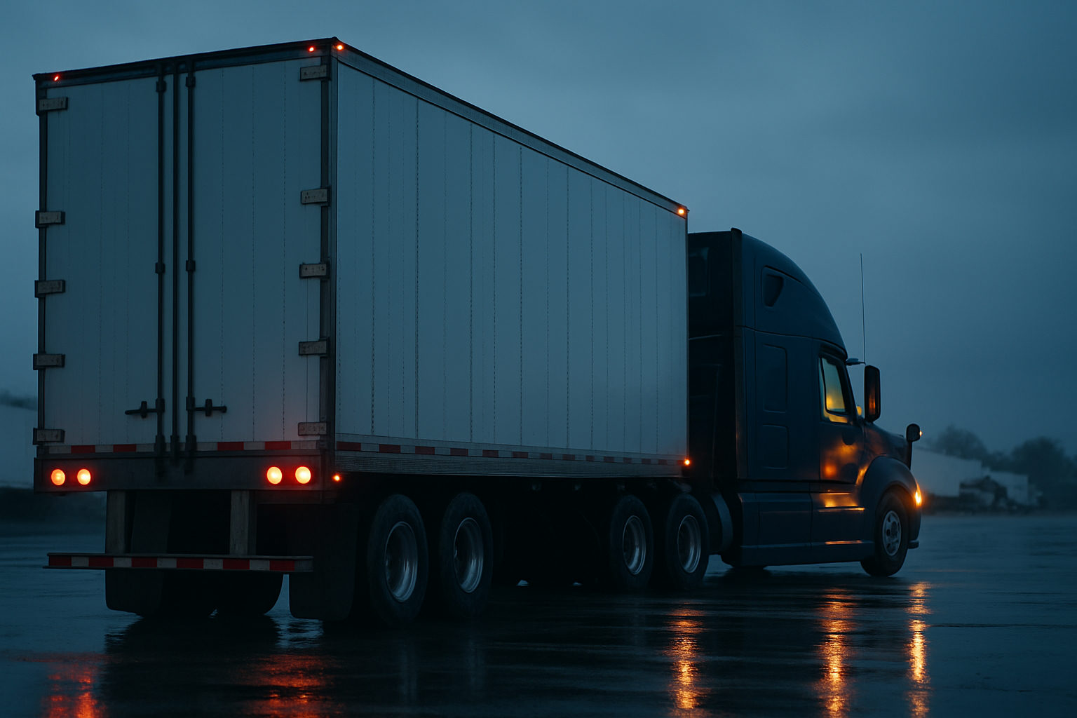 A conventional sleeper tractor coupled to a dry van trailer at a rain wet carrier yard early in the morning