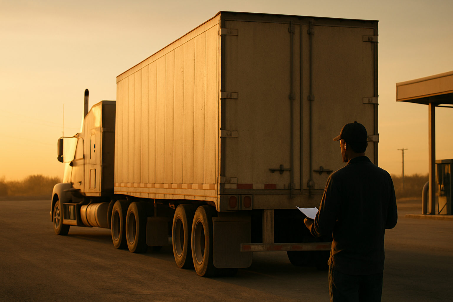 A conventional sleeper tractor coupled to a dry van trailer at a port container yard access road