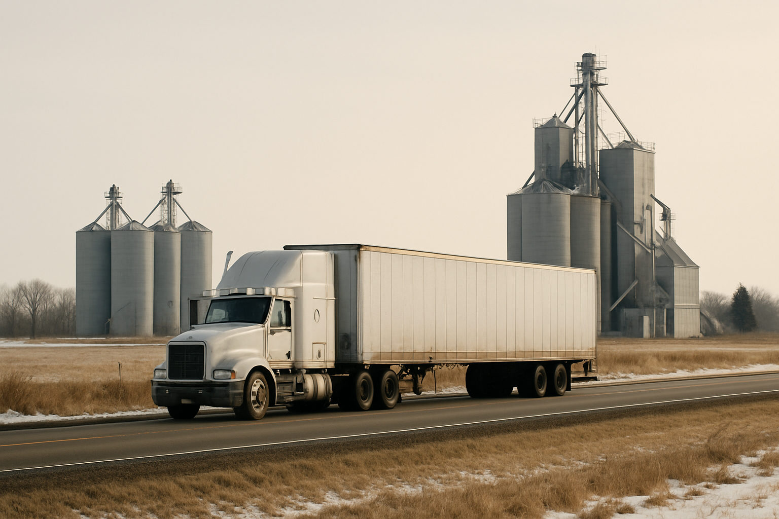 A conventional sleeper tractor coupled to a dry van trailer at a rural two lane highway with grain elevators behind