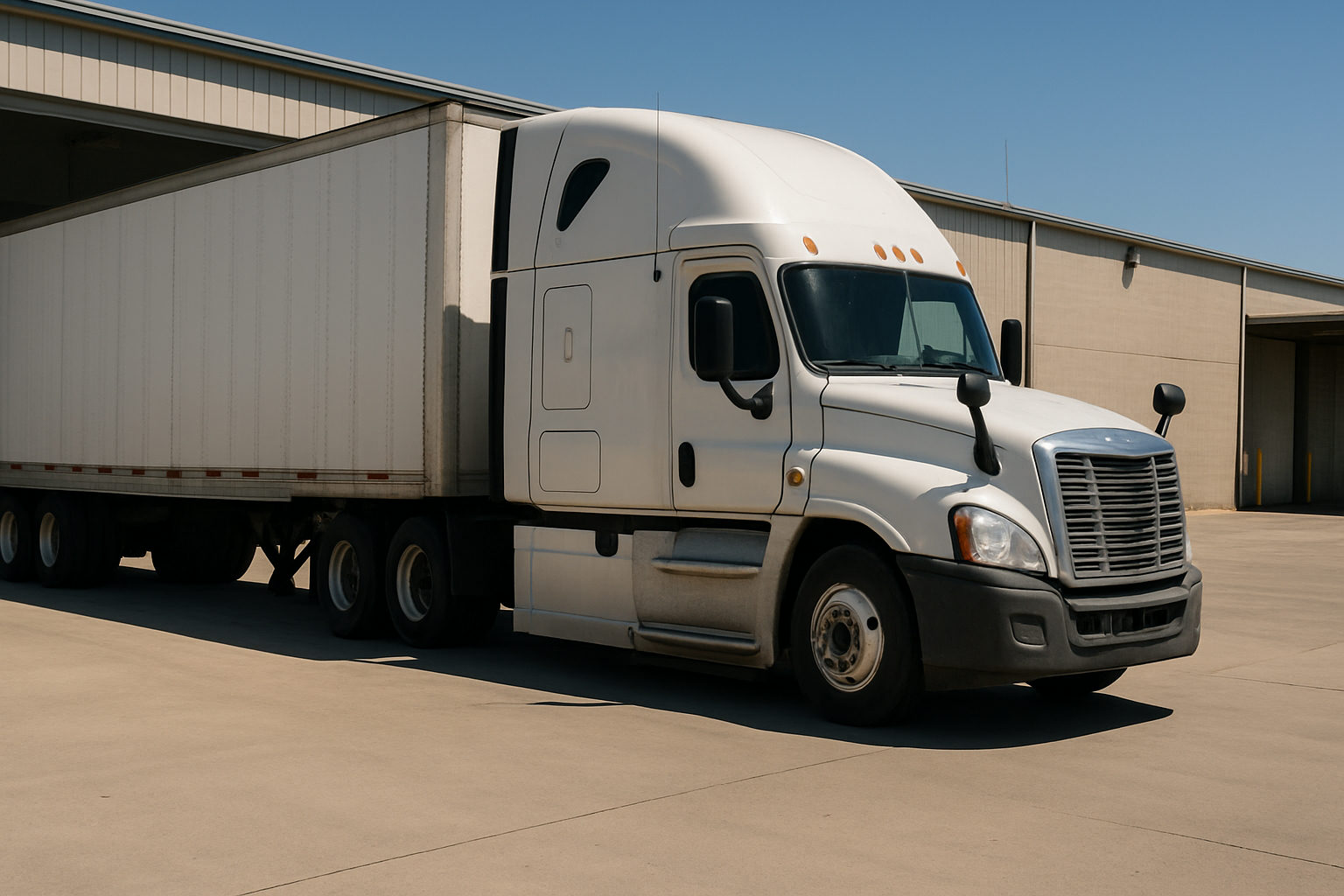 A conventional sleeper tractor coupled to a dry van trailer at a warehouse loading dock with the trailer backed in