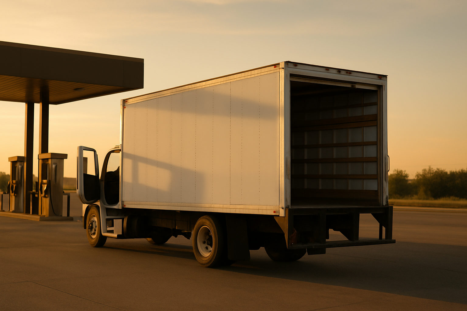 A straight box truck with its roll up rear door raised at a commercial loading bay