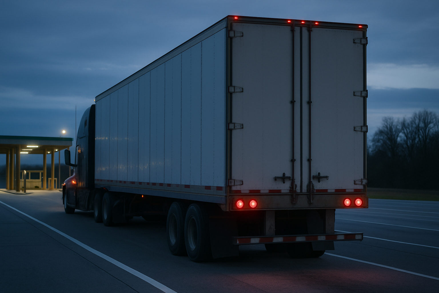 A conventional sleeper tractor coupled to a dry van trailer at a state weigh station approach lane