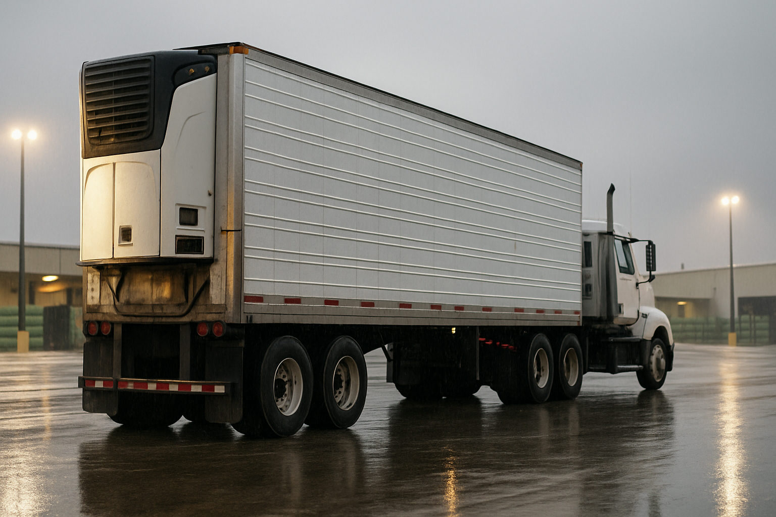 A refrigerated trailer with its reefer unit running, coupled to a day cab tractor at a produce distribution yard