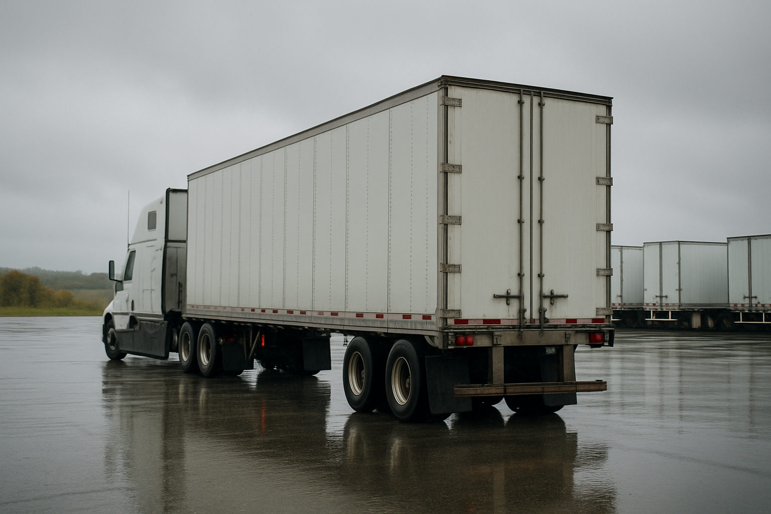 A conventional sleeper tractor coupled to a dry van trailer at a distribution center yard with trailers lined up in rows