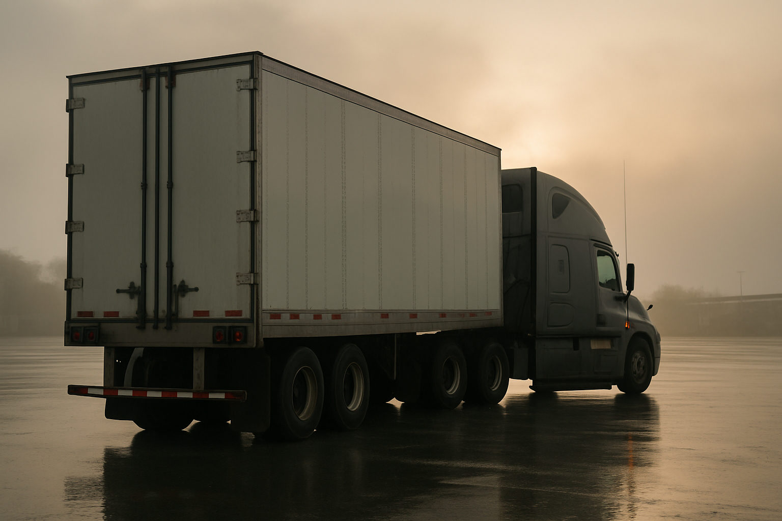 A conventional sleeper tractor coupled to a dry van trailer at a rain wet carrier yard early in the morning