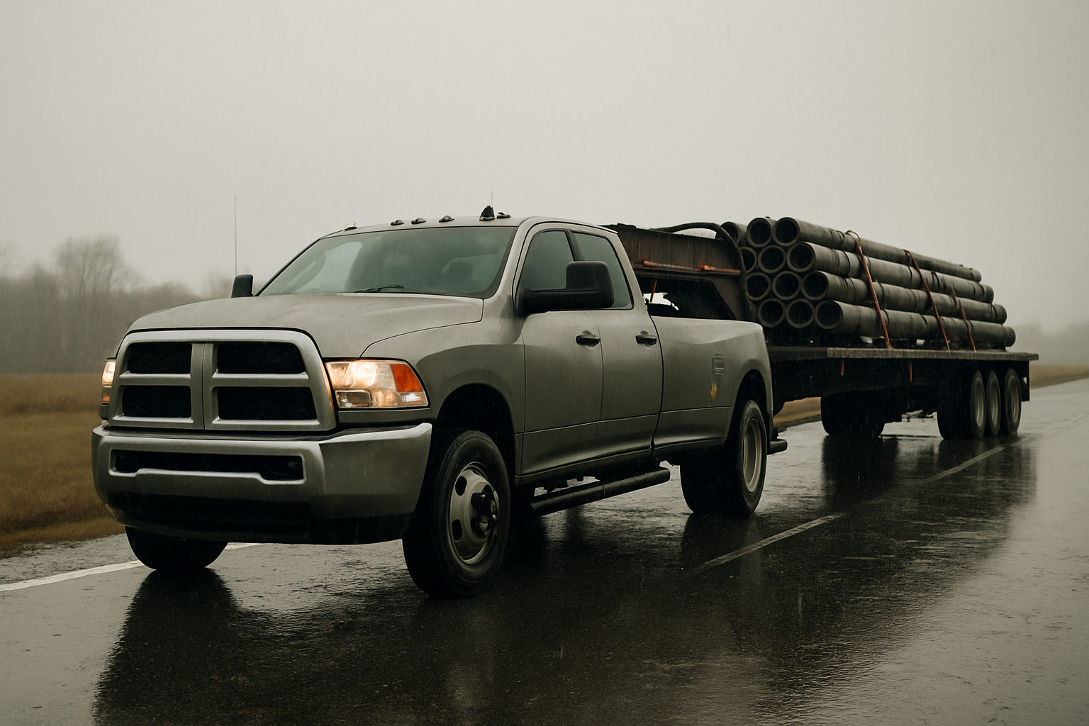 A one ton dually pickup truck hitched to a loaded gooseneck flatbed trailer at a rural highway shoulder