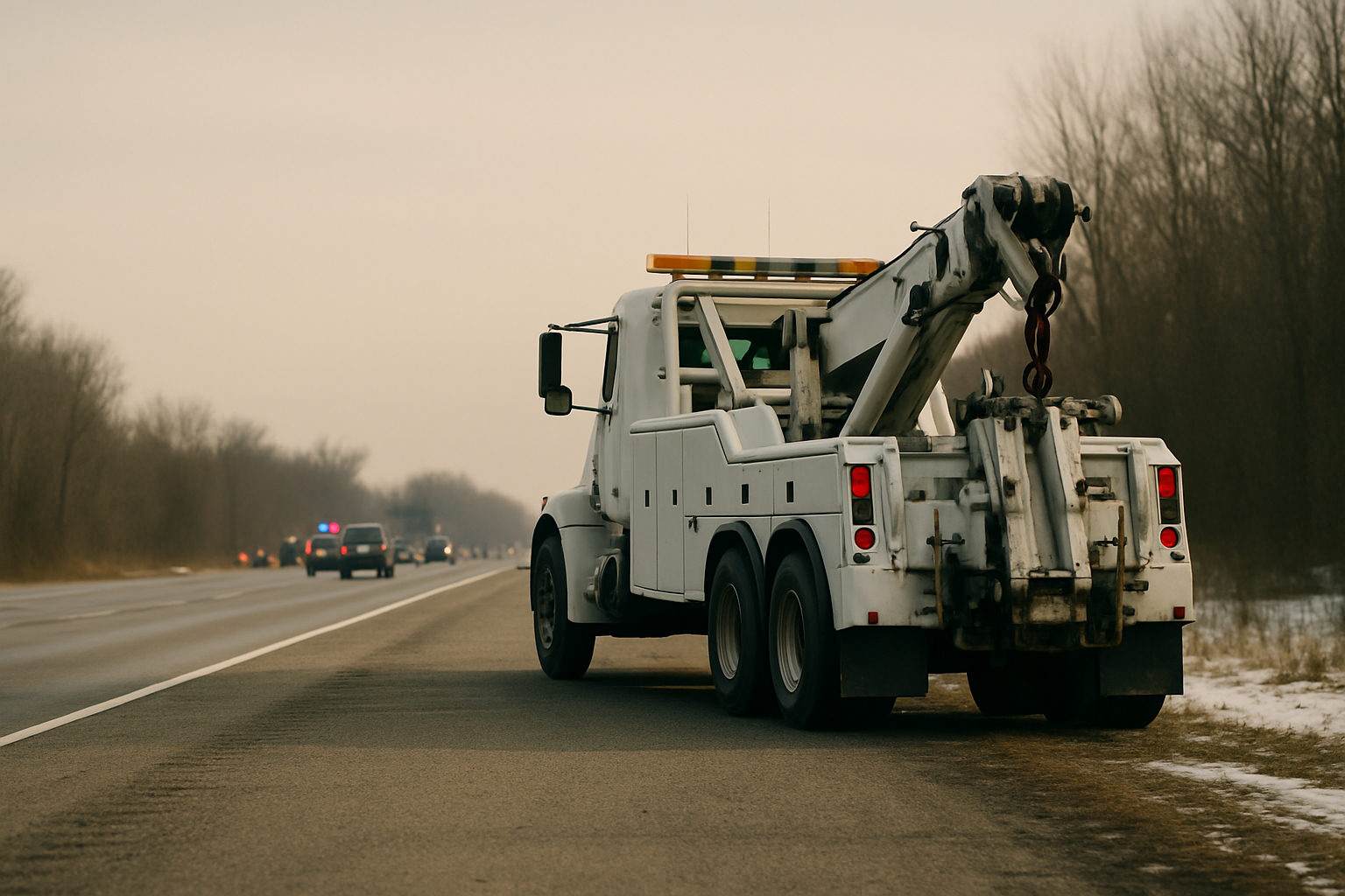 A heavy duty wrecker with its boom stowed at a highway shoulder at an incident scene