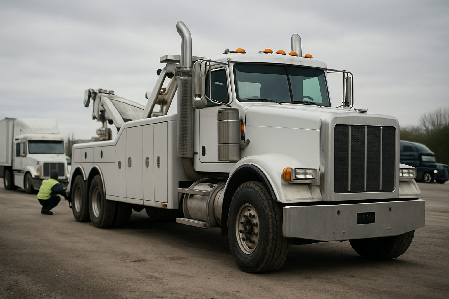 A heavy duty wrecker with its boom stowed at a recovery yard